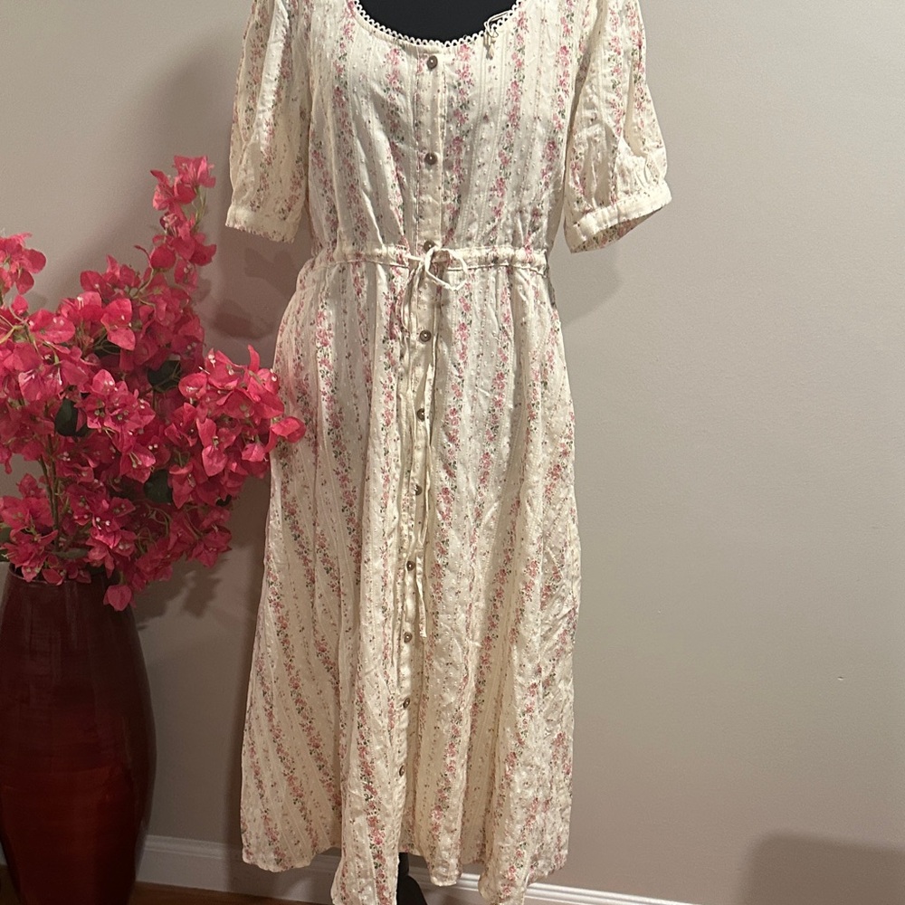 Floral Cream and Pink Button-Down Dress